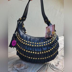 BETSEY JOHNSON LEATHER   FRINGE STUDDED HOBO BAG